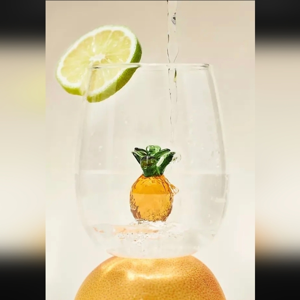 Anthropologie Cheerie Icon Stemless Wine Glass: Pineapple, NIB